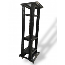 Steel 4-Post Rack with Casters: 83" H x 24" W x 26" L, 3 Shelves, one movable, 4 wheels